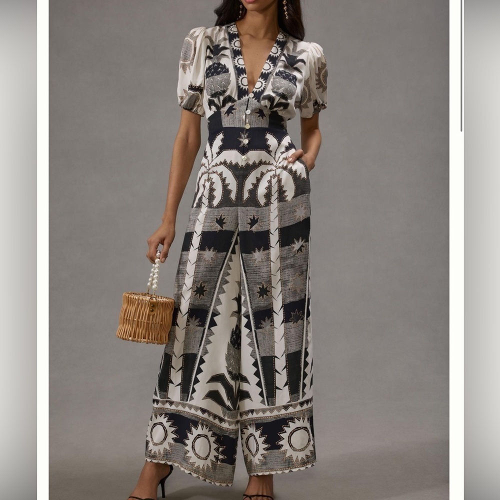 Farm Rio Puff-Sleeve Linen Jumpsuit Black White Size Small Petite - Picture 1 of 15
